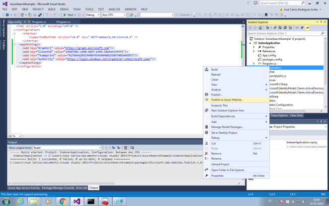 Imagen 9.- Opción de publicación de una Aplicación de consola como WebJob de Azure.