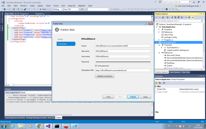 Imagen 10.- Pasos de despliegue de una solución de Visual Studio como webjob en Azure.