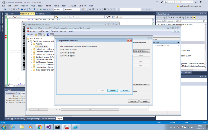Imagen 2.- Aplicación Microsoft Management Console. Configuración del complemento de certificado.