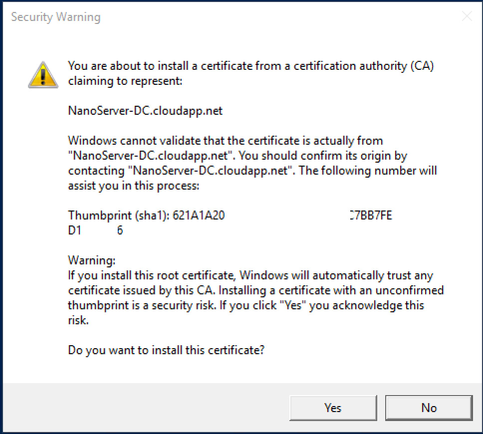Imagen 17.- Mensaje de warning relativo a la importación del certificado.