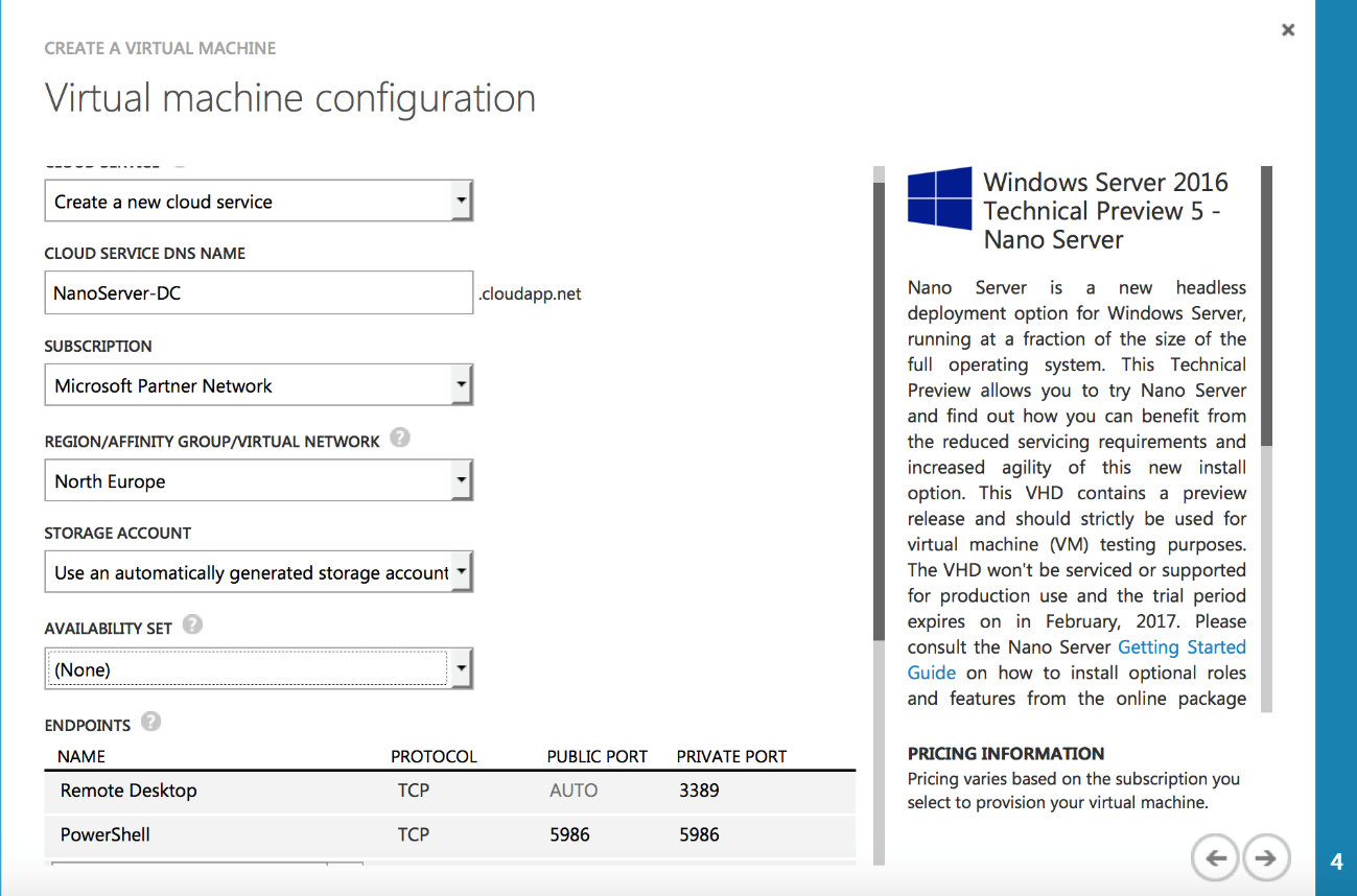 Imagen 5.- Configuración del acceso a la máquina virtual y de la suscripción.