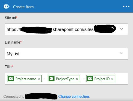 Imagen 10.- Configuración de la acción para añadir un elemento de lista de SharePoint.