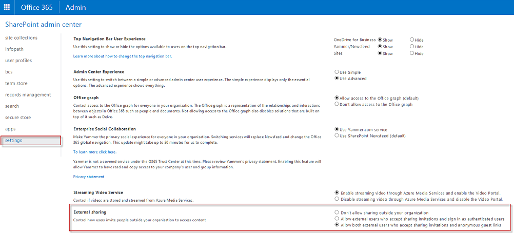 Imagen 10.- Configuración de compartir en SharePoint Online que será reemplazada por funcionalidad más completa. 