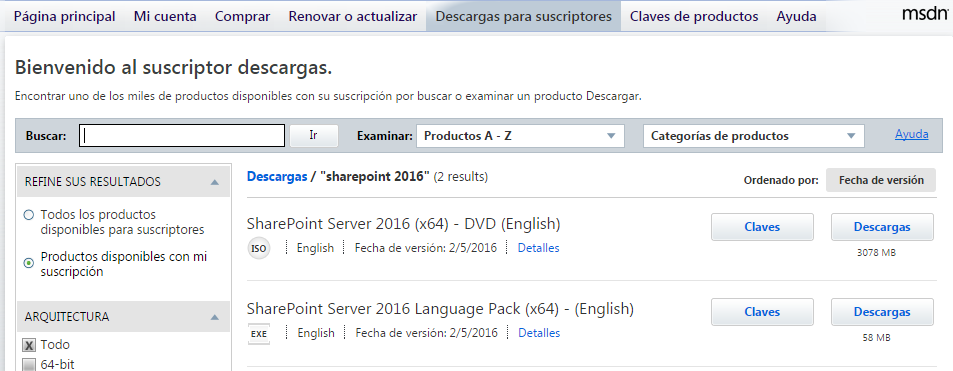Imagen 3.- Descarga de SharePoint Server 2016 en MSDN.
