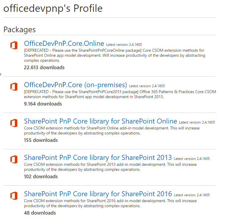 Imagen 1.- Paquetes disponibles del PnP Provisioning Framework.