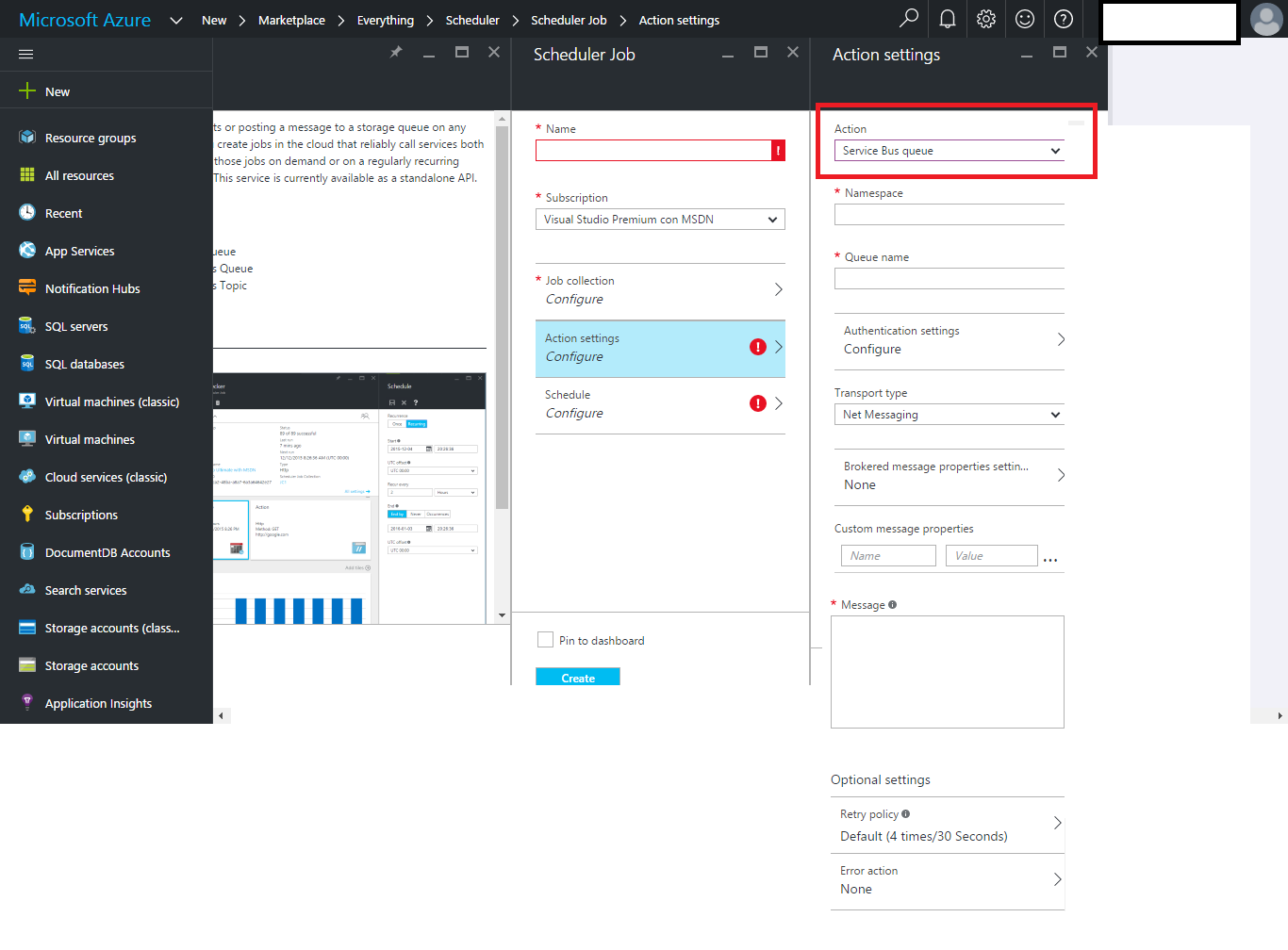 Figura 5.- Job con tipo de acción Service Bus queue.