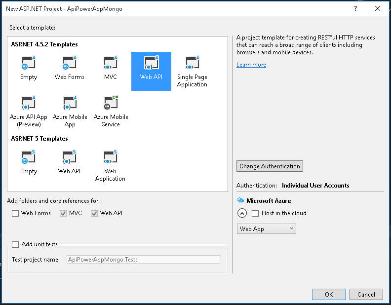 Imagen 2.- Creación web api desde Visual Studio.