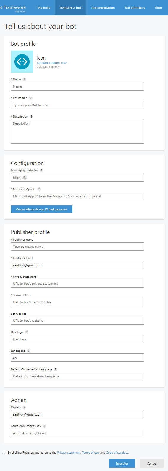 Imagen 10.- Formulario de registro del Bot.