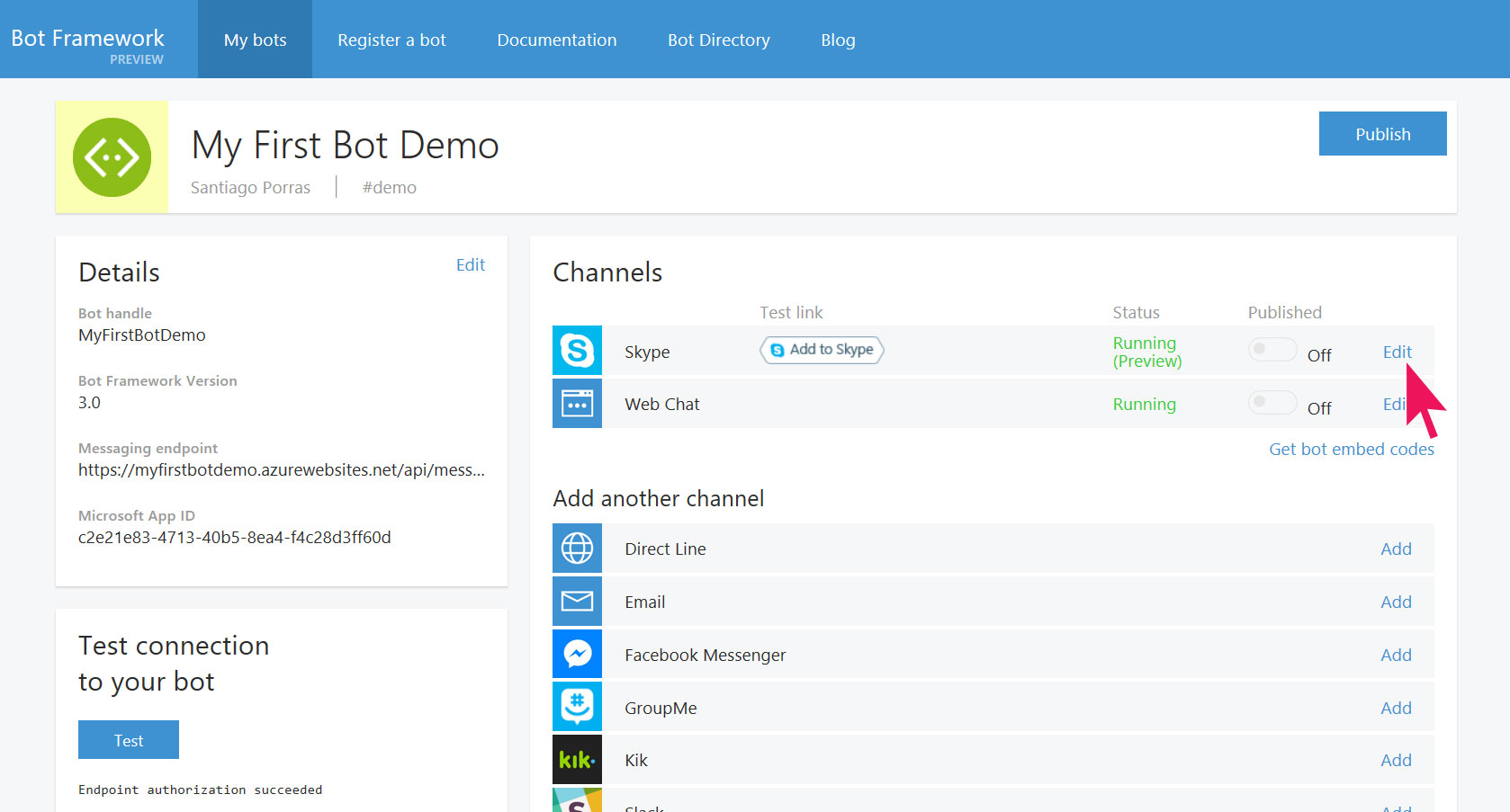 Imagen 16.- Configurar el Bot para funcionar con Skype.