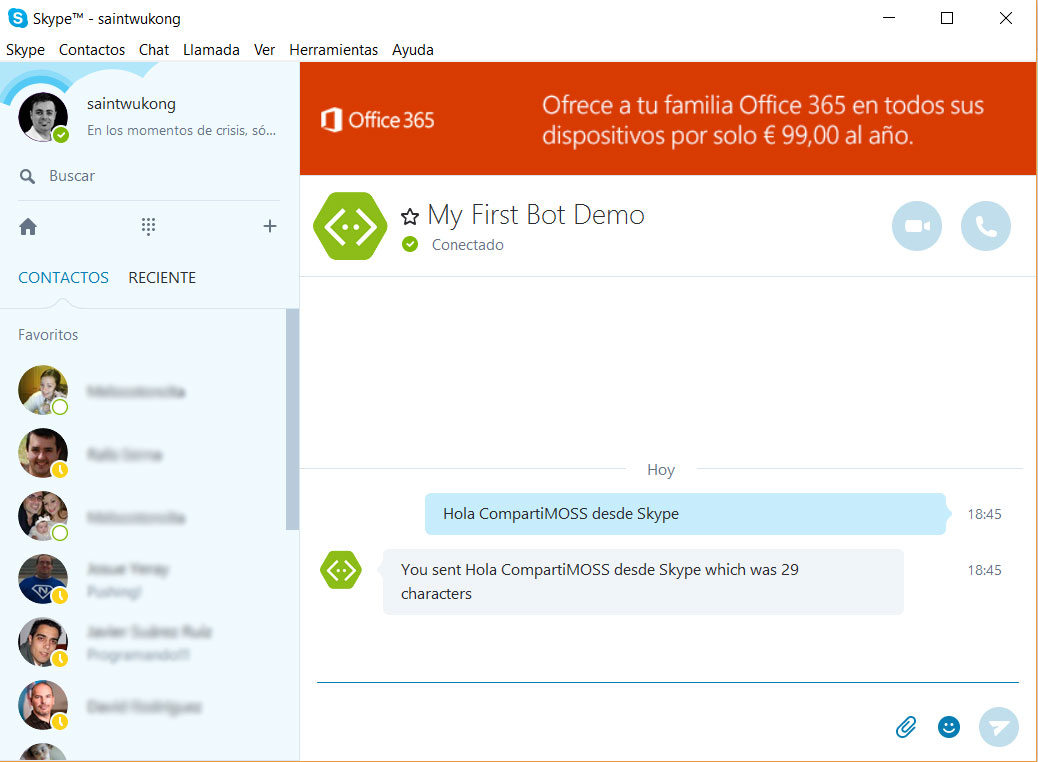 Imagen 21.- Conversación con el Bot a través de Skype.