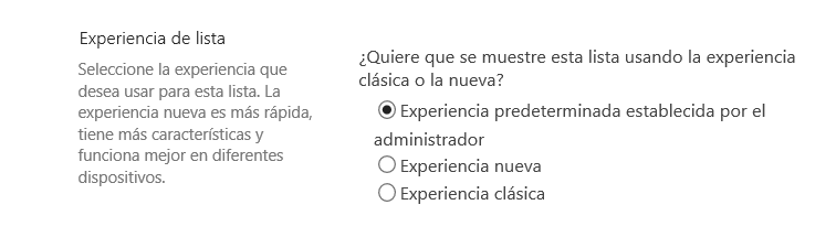 Imagen 11.- Opciones de configuración de “Experiencia de lista” en “Configuración avanzada”.