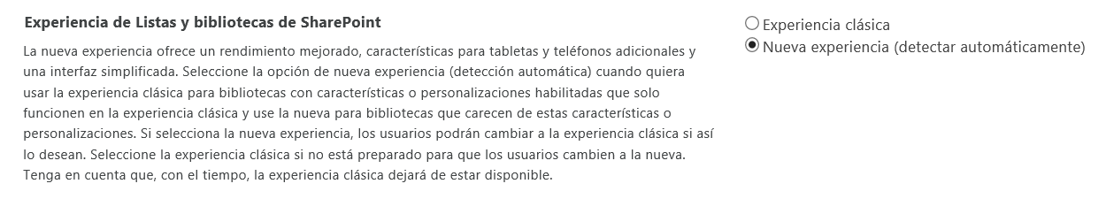 Imagen 12.- Configuración de la nueva experiencia de Lista y Bibliotecas de Documentos a nivel de tenant de SPO.