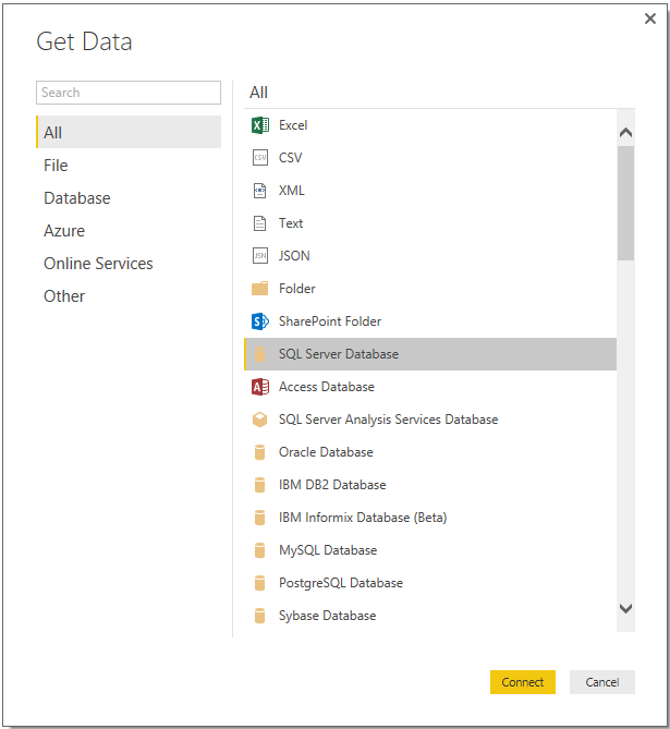 Imagen 4.- Selección del origen de tipo SQL Server Database.