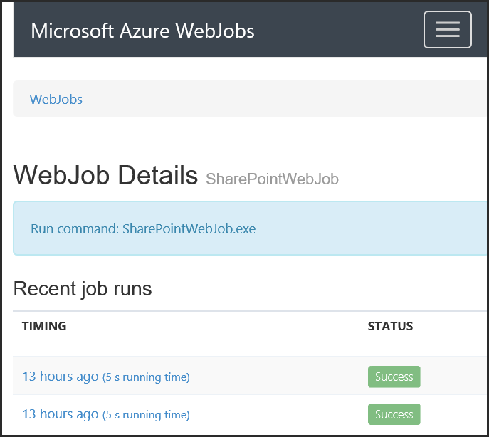 Imagen 6.- Historial de ejecuciones del WebJob.