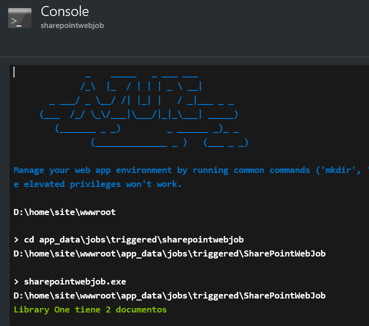 Imagen 2.- Ejecución del WebJob desde la Consola de Azure.