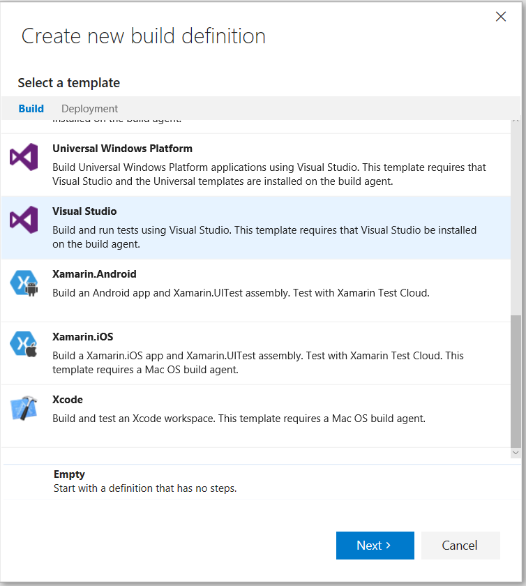 Imagen 1.- Creación de una definición de build.
