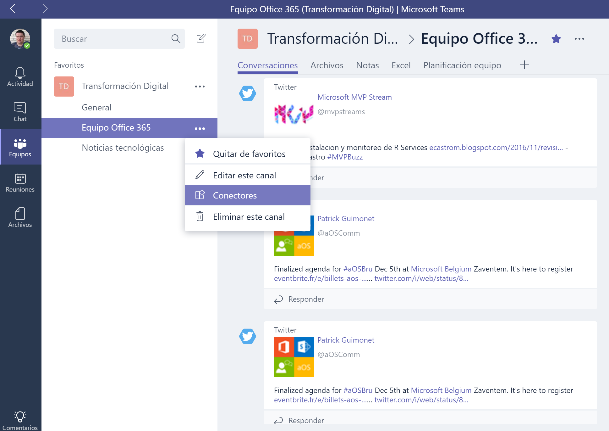 Imagen 5.- Cómo añadir conectores y ejemplo de publicaciones del conector de Twitter.