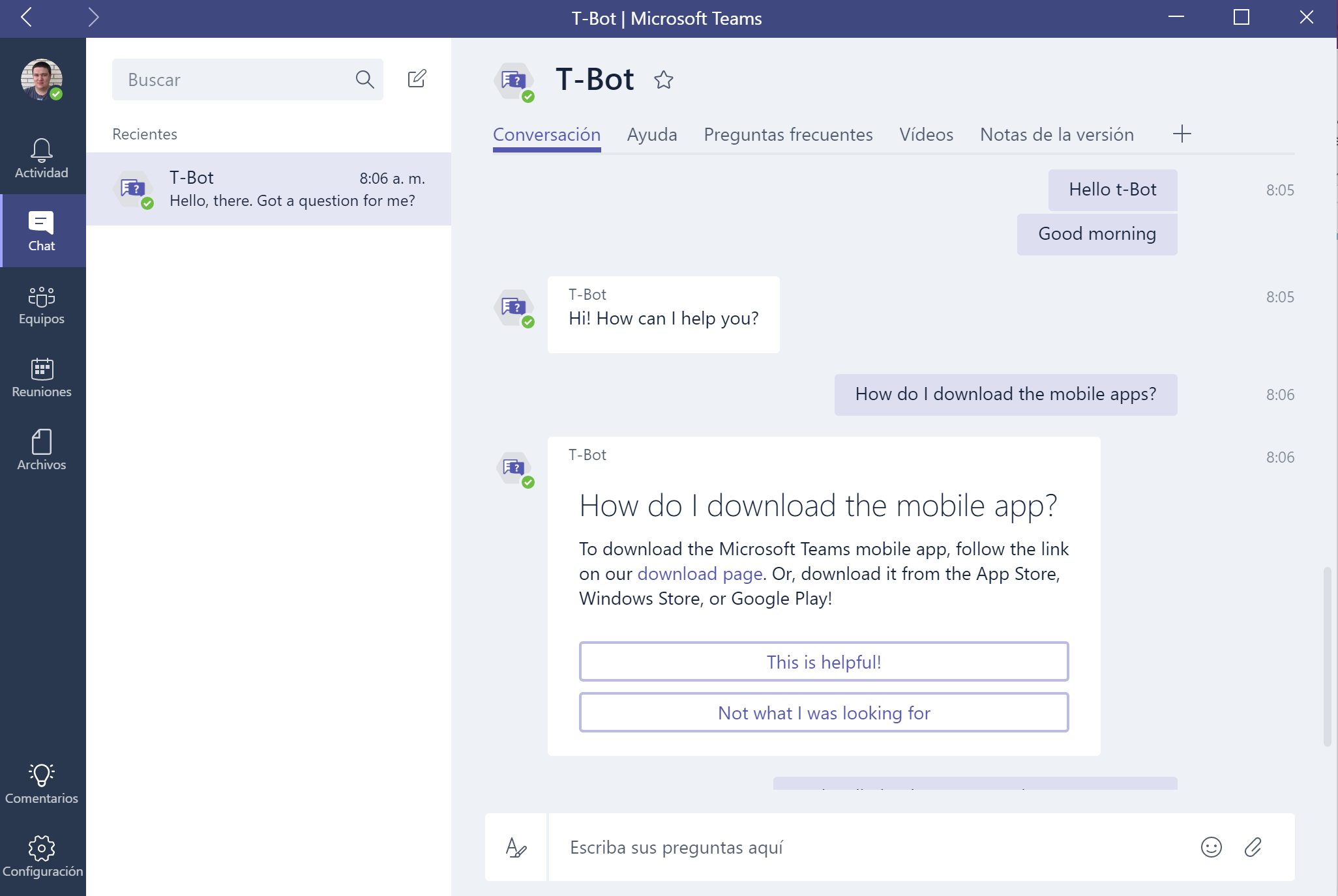 Imagen 6.- El bot T-Bot nos dará ayuda y consejos sobre el uso del servicio.