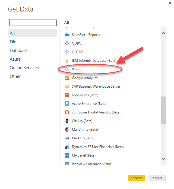 Imagen 15.- Origen de datos R en Power BI.