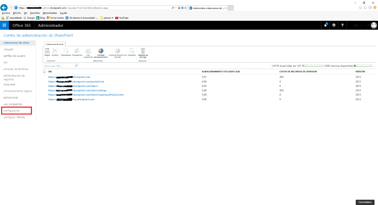 Imagen 6.- Acceso a la administración central de SharePoint Online.