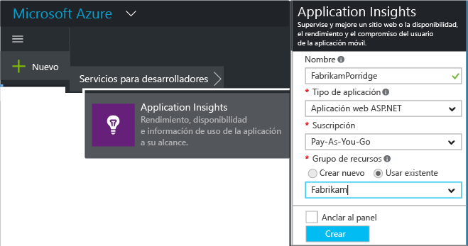 Imagen 2.- Crear servicio de Application Insight.