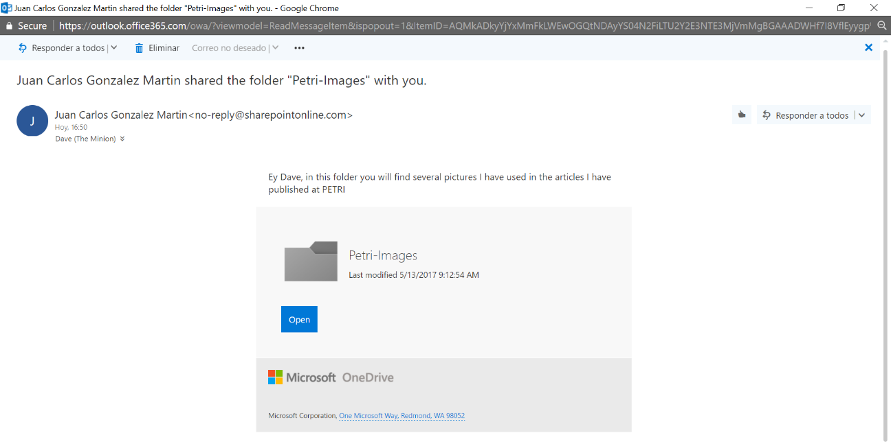 Imagen 7.- E-Mail enviado al usuario o usuarios con los que se ha compartido el archivo o carpeta.