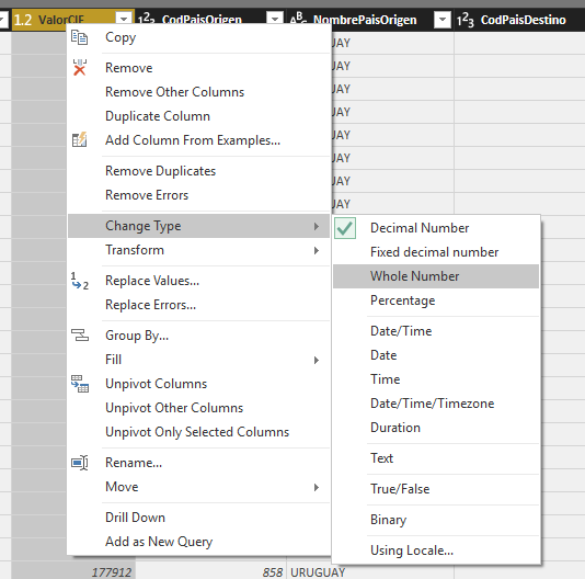 Imagen 3.- Cambio del tipo de columna en el editor de consultas.