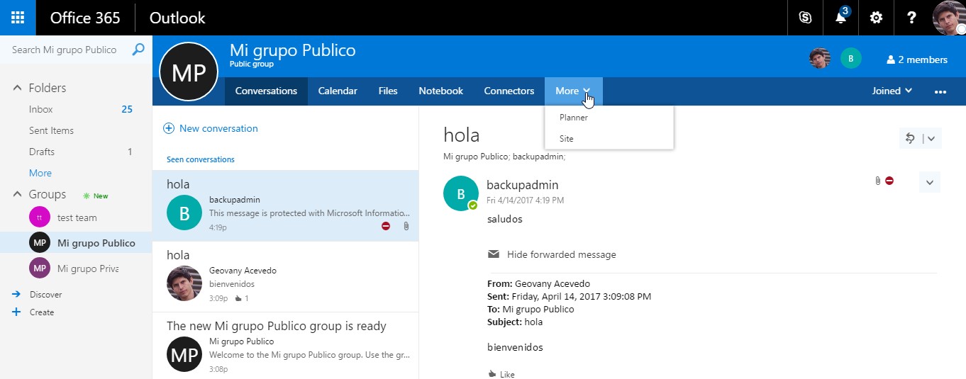 Imagen 6.- Ejemplo de Office 365 Group.