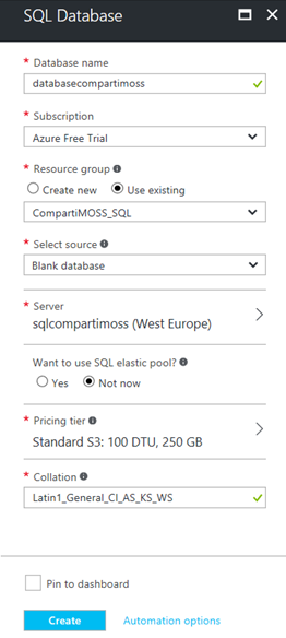 Imagen 3.- Creación de la Base de Datos de SQL en Azure.