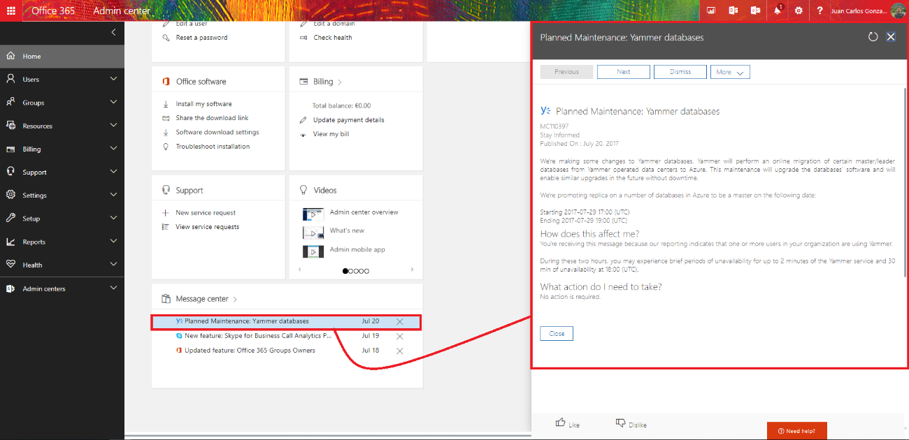 Imagen 2.- Visualización del detalle de un mensaje del Centro de Mensajes directamente desde la página principal del Portal de O