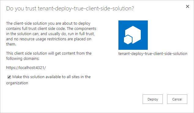 Imagen 1.- Despliegue de un WebPart de SPFx a nivel de tenant.