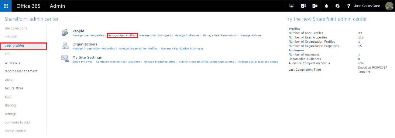 Imagen 4.- Accediendo a la administración de los perfiles de usuario en SPO.