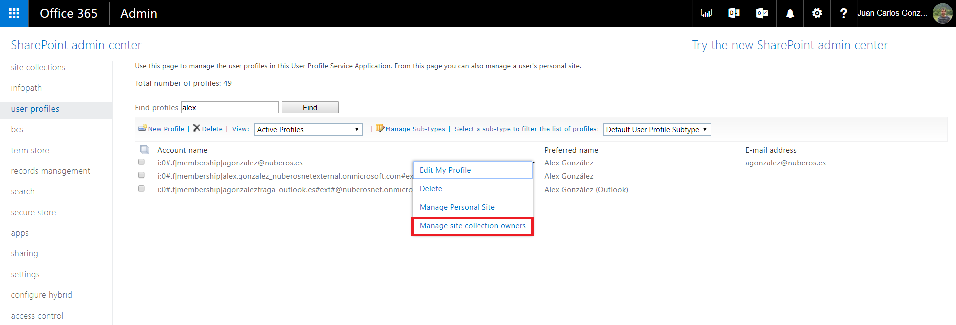 Imagen 5.- Opción de “Administrar propietarios de la colección de sitios”.