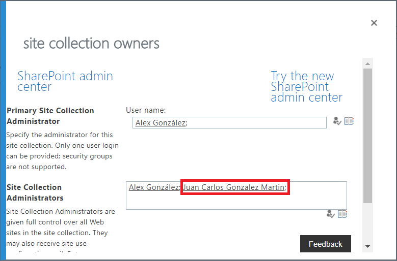 Imagen 6.- Añadiendo un administrador secundario a ODFB a través de la administración de perfiles de usuario de SPO.