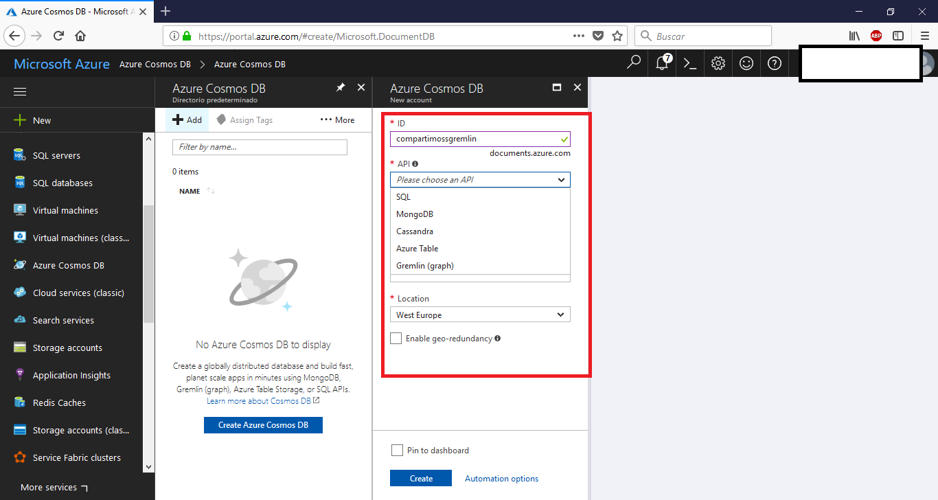 Usando Cosmos DB Gremlin Graph API