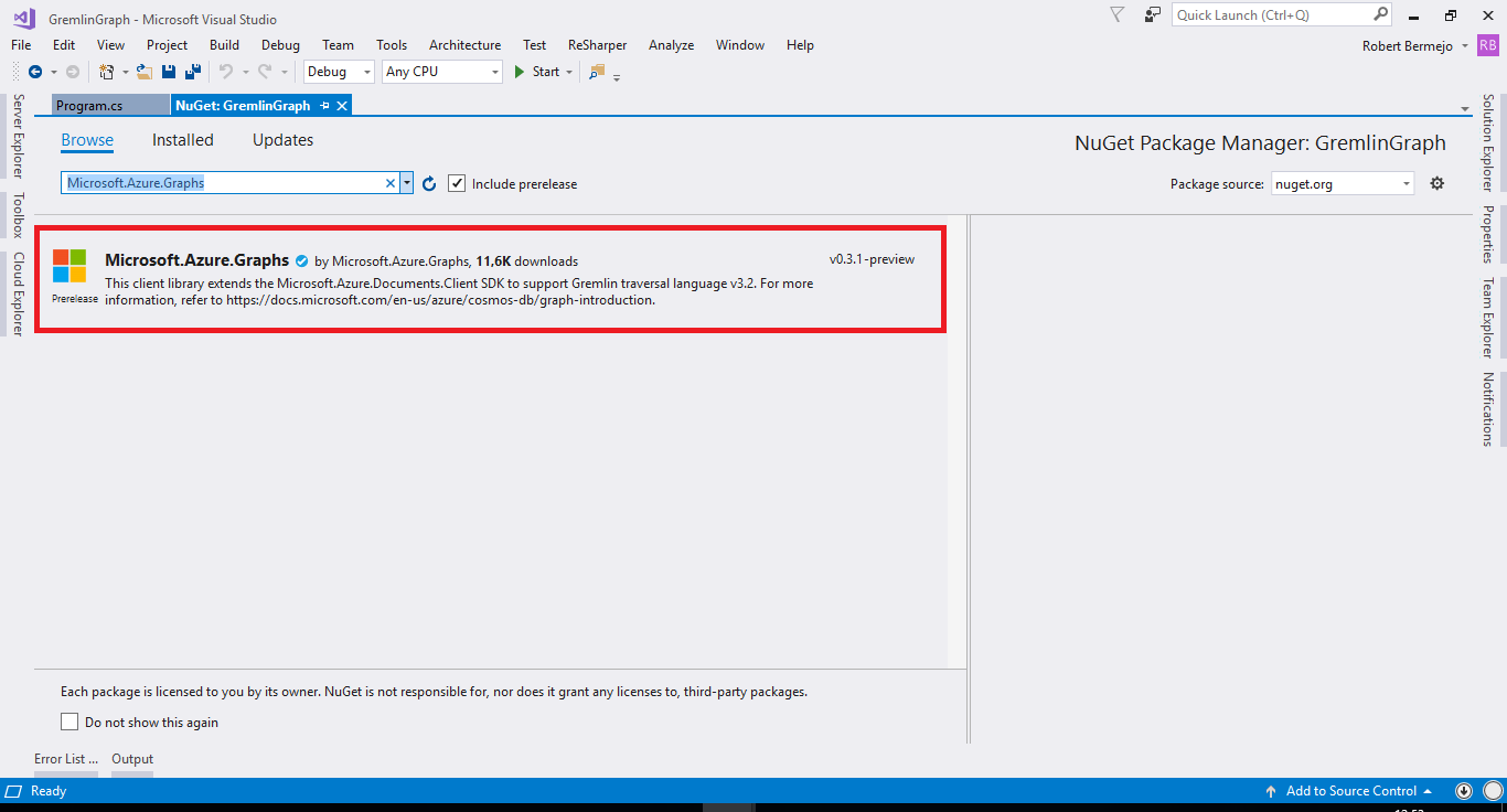 Imagen 4.- Paquete NuGet para usar Gremlin.