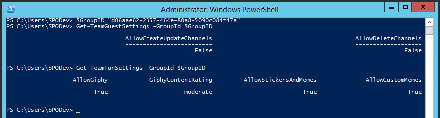 Imagen 10.- Resultados de ejectutar Gest-TeamGuestSettings y Get-TeamFunSettings.