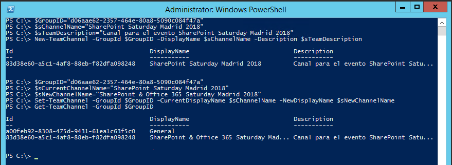Imagen 8.- Actualización de un canal utilizando Set-TeamChannel.