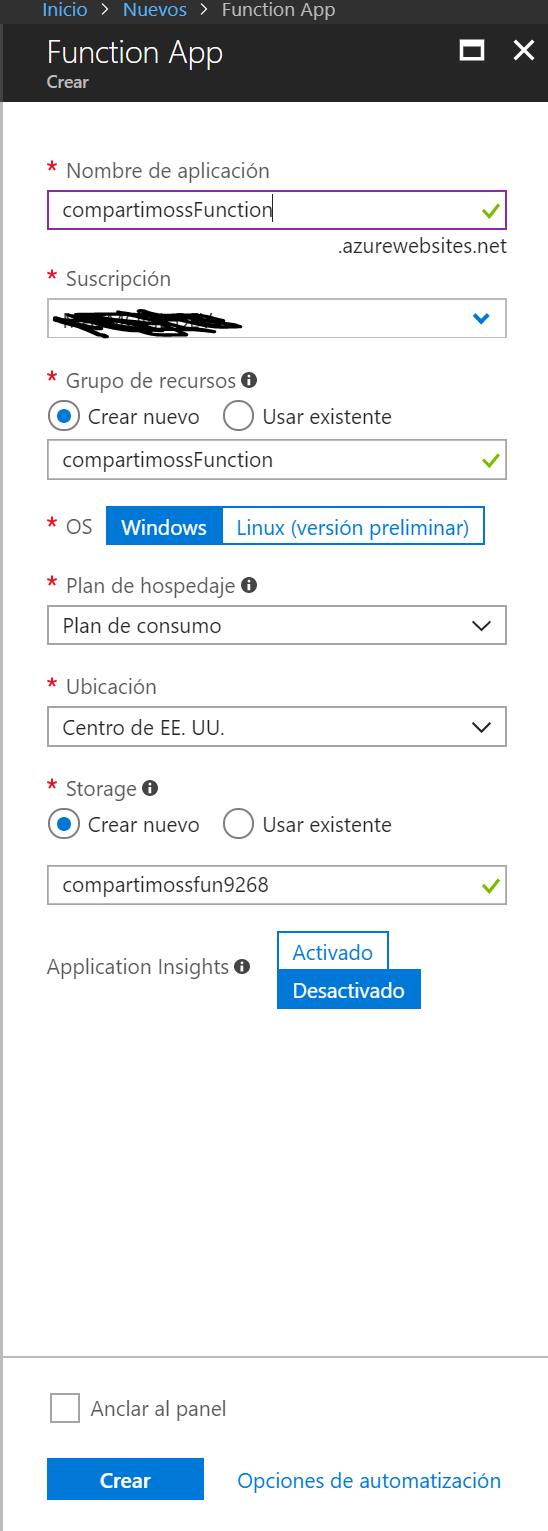 Imagen 3. Configuración de nuestra función.