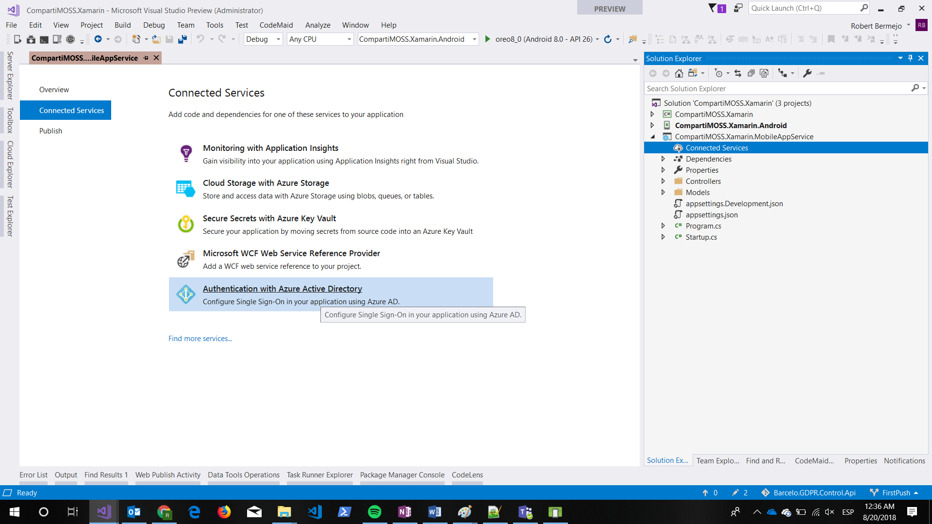 Imagen 14.- Configuración de la autenticación con Azure AD.