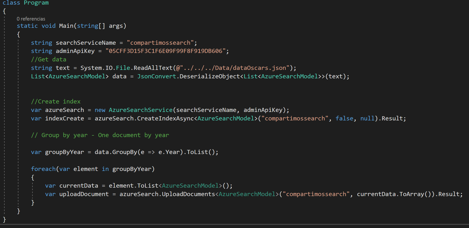 Imagen 4.- Consola en .Net Core para crear y subir el índice.