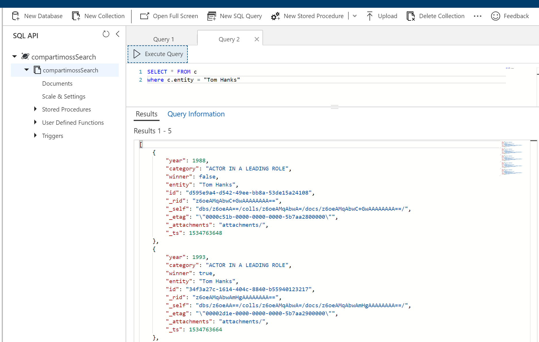 Imagen 8.- Query de prueba sobre Cosmos DB.