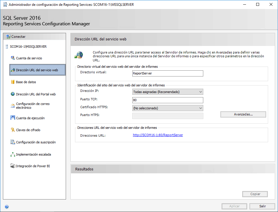 Imagen 5.- Configuración del Servicio Web de Reporting Services.