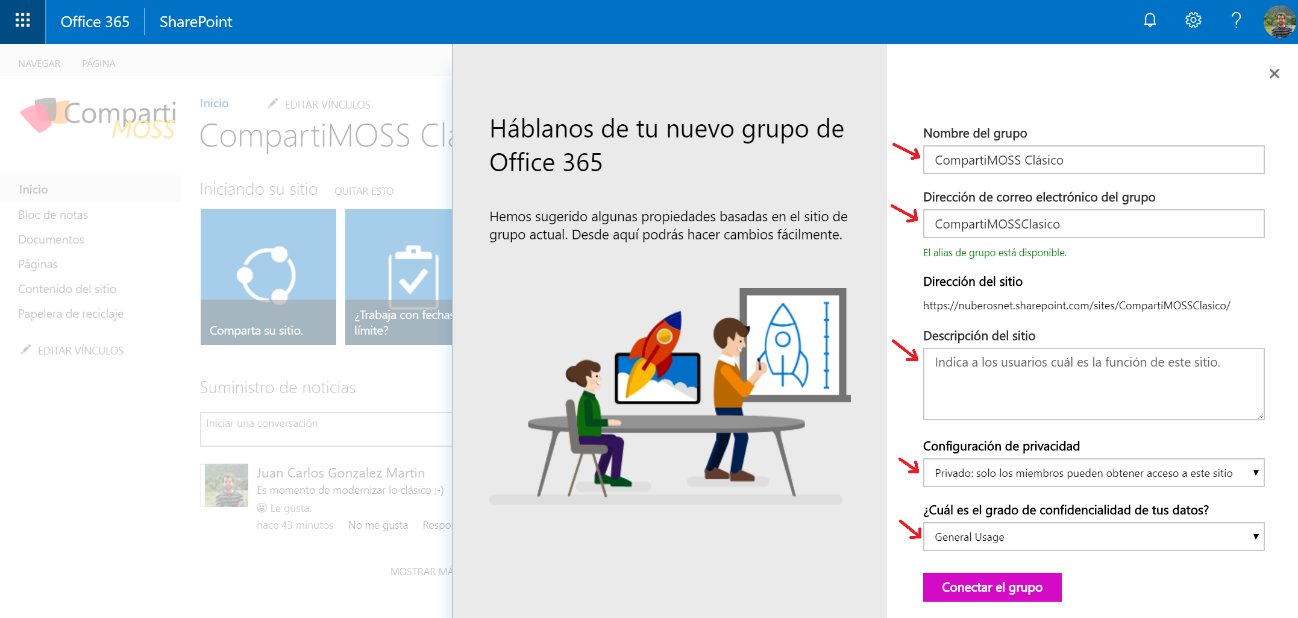 Imagen 5.- Parámetros que se pueden configurar en el Grupo de Office 365.