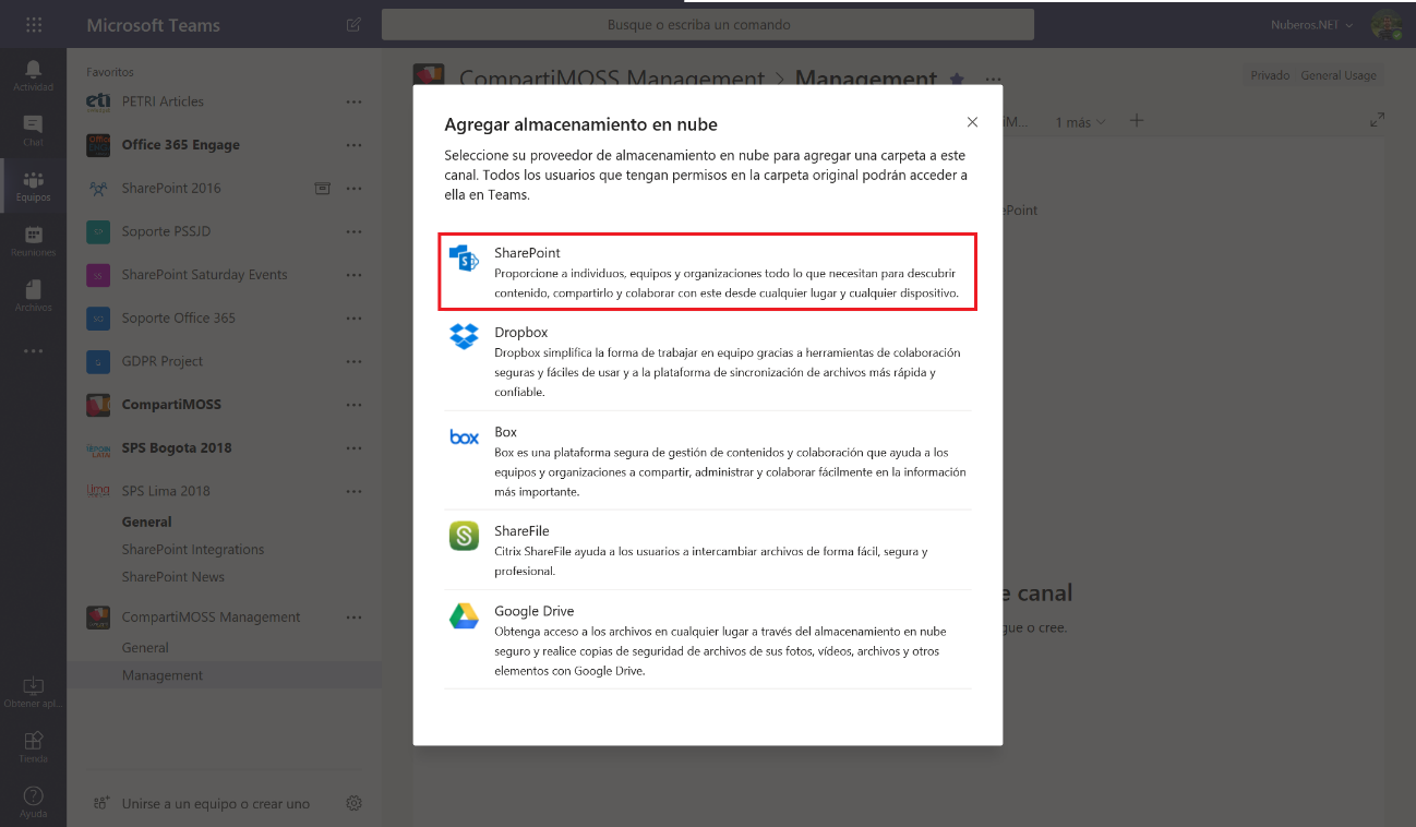 Imagen 7.- Agregar almacenamiento en nube a un canal de Teams.