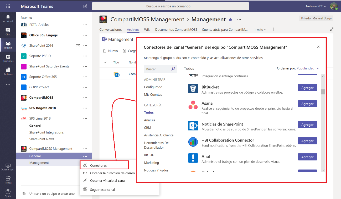 Imagen 9.- Agregando un conector a un canal de Microsoft Teams.
