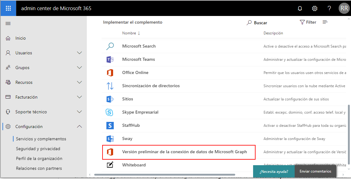 Imagen 1.- Acceso a la activación de Graph Data Connect.