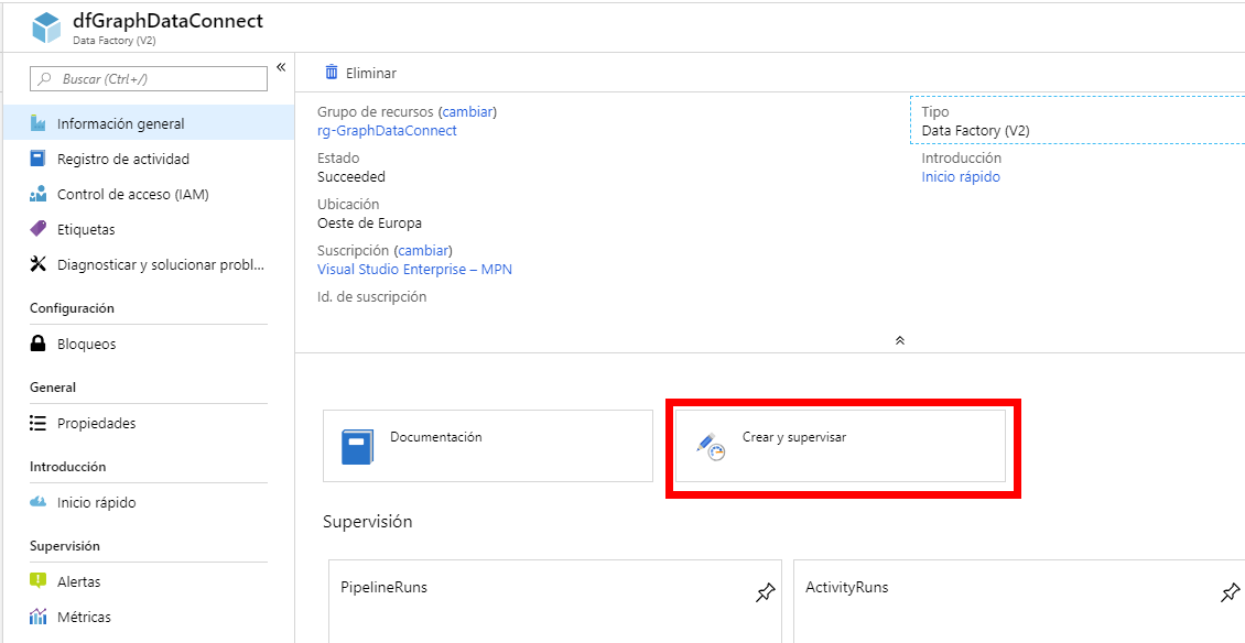 Imagen 10.- Creación del Azure Data Factory.
