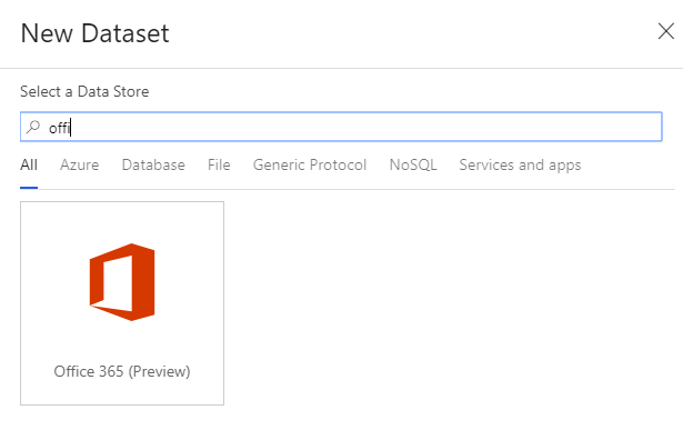 Imagen 13.- Selección del dataset de tipo Office 365 (Preview).