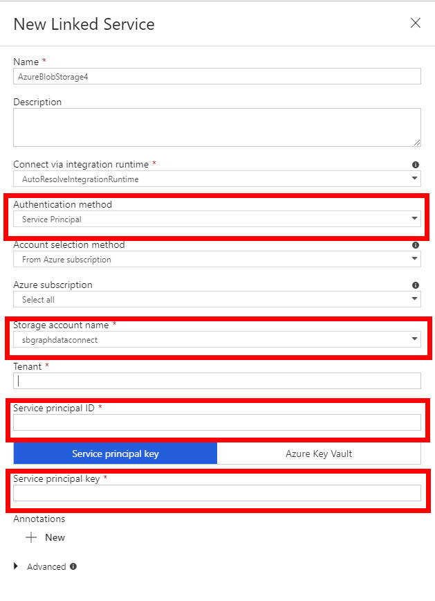 Imagen 19.- Parámetros de configuración del nuevo Linked Service.